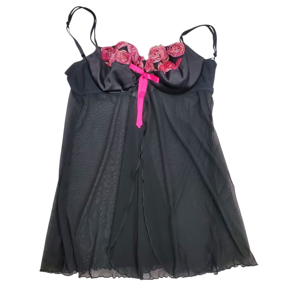 Cacique Black Pink Roses Plus Lined Bra Lace Babydoll NightieUnderwireSize 18/
